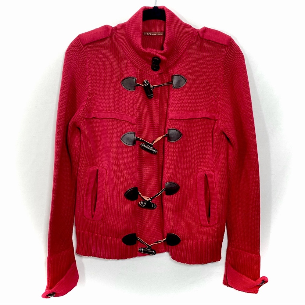 525 America Red Pea Coat like Knit Sweater Jacket Cardigan Unique Medium